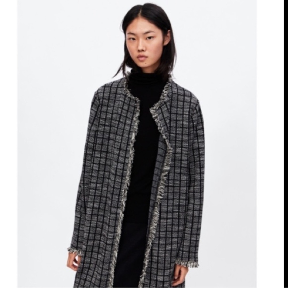Zara Black Tweed Plaid Longline Caridgan Coatigan Fringe Fray Open Front Medium